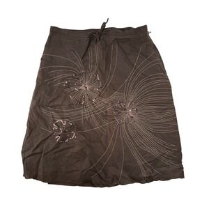 Mexx Brown Linen Blend Y2K Embroidered Sequin Floral Midi ALine Skirt Whimsigoth